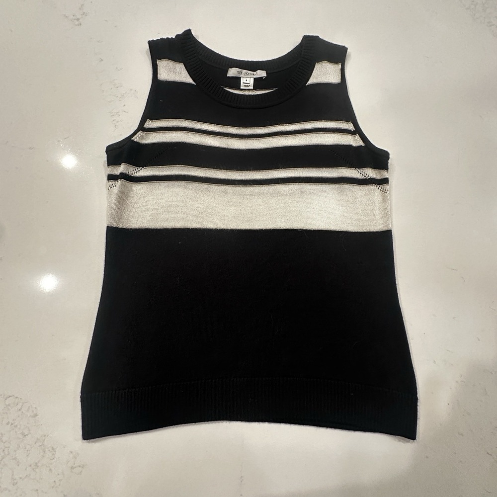 St. John Women's Small Sleeveless Sweater Black White Silver Knit Cashmere Blend